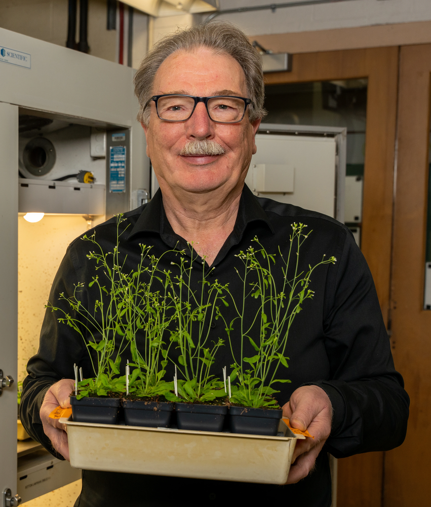 Photo of Christoph Benning holding a tray of plant speciments in a laboratory setting