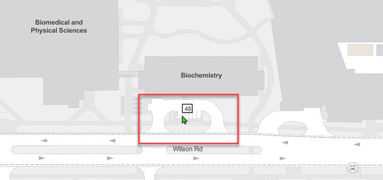 Campus map featuring Parking Lot 45 on Wilson Road