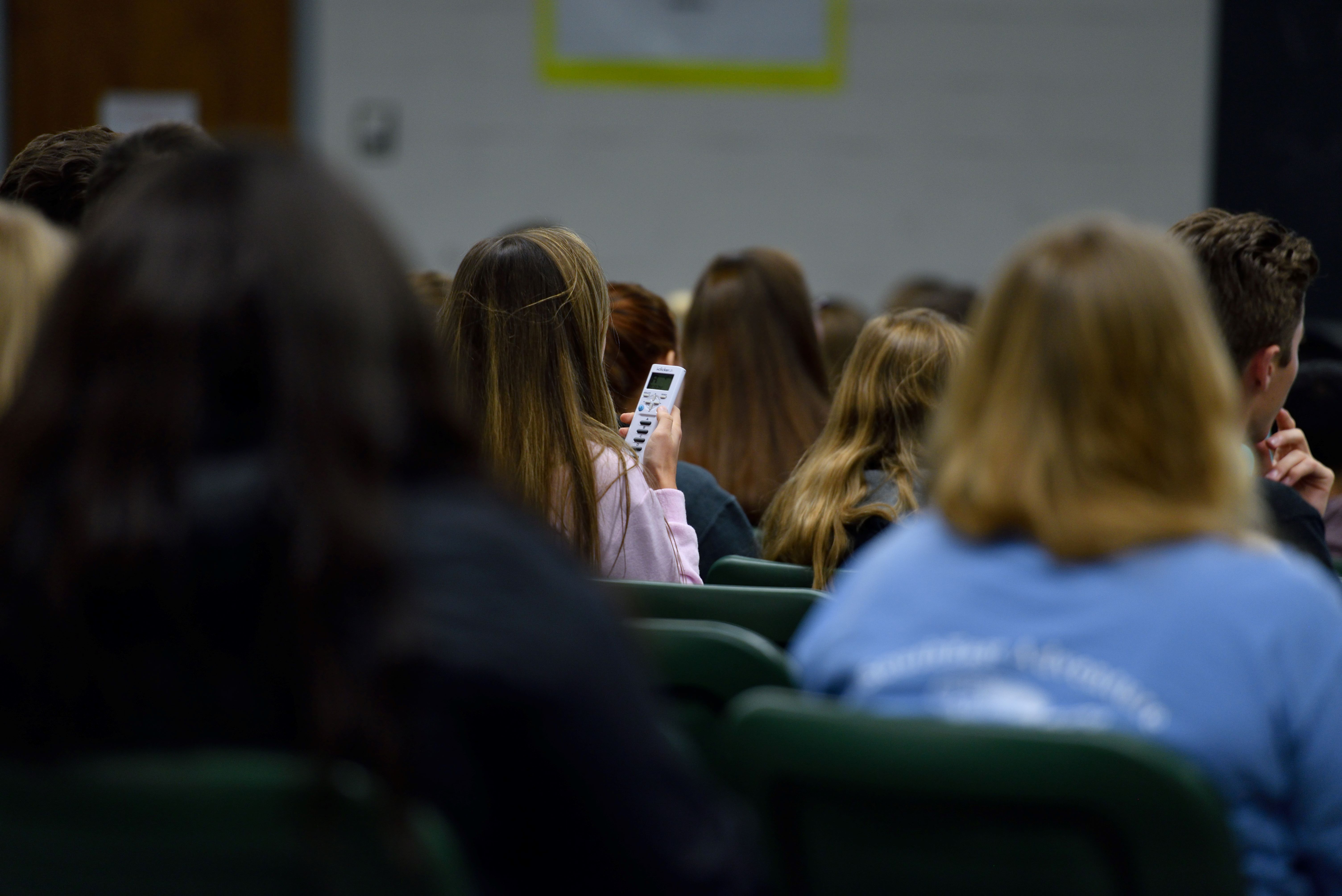 An MSU undergraduate answers a question in a campus lecture hall. Credit: Harley Seeley.