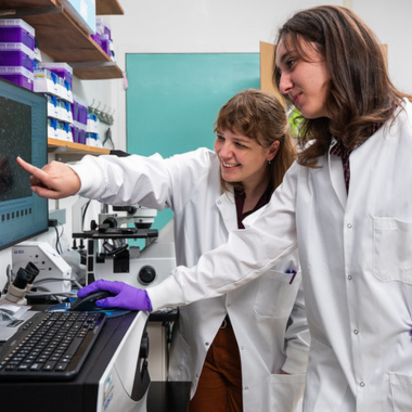 Two researchers in lab coats point at a screen.